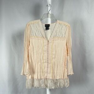 NY Collection Peach Blouse Floral Lace Bohemian Vintage Peasant Top Women’s L